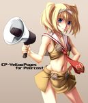  bangs bare_arms blonde_hair blue_eyes collarbone copyright_request cowboy_shot eyebrows_visible_through_hair hair_between_eyes highres looking_at_viewer megaphone midriff nanamiso navel short_hair sleeveless solo twintails 