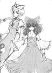  bangs bow breasts detached_sleeves dress greyscale hair_bow hakurei_reimu hat holding long_hair looking_at_viewer medium_breasts miyoshi monochrome multiple_girls sidelocks touhou wide_sleeves yakumo_yukari 