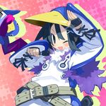  asagiri_asagi belt cosplay disgaea fingerless_gloves gloves harada_takehito microphone nippon_ichi official_art one_eye_closed prinny prinny_(cosplay) prinny_(series) prinny_~ore_ga_shujinkou_de_iinsuka?~ salute scarf solo 