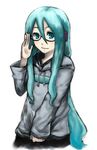  adjusting_eyewear alternate_hairstyle aqua_eyes aqua_hair bad_id bad_pixiv_id bespectacled casual glasses hair_down hatsune_miku hood hoodie kawazu long_hair looking_at_viewer solo vocaloid waving 