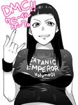  \n/ bad_id bad_pixiv_id breasts clothes_writing detroit_metal_city face grin kenni_il_dark large_breasts long_hair midriff monochrome saitou_yahu shirt smile solo t-shirt wristband 