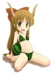  :d arm_support barefoot bikini bikini_top blush brown_eyes brown_hair fang flat_chest food food_print food_themed_clothes fruit holding holding_food holding_fruit horns ibuki_suika kazami_ruku leaning_back long_hair looking_at_viewer low-tied_long_hair no_nose object_namesake oni open_mouth pun ribbon sitting smile solo swimsuit touhou very_long_hair wariza watermelon watermelon_print 