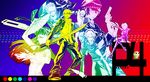  4girls amagi_yukiko cabbie_hat chair colorful everyone fan glasses gun hanamura_yousuke hat katana kujikawa_rise kuma_(persona_4) kunai multiple_boys multiple_girls mz narukami_yuu persona persona_4 satonaka_chie shirogane_naoto sword tatsumi_kanji weapon 