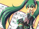  bass_clef beamed_eighth_notes eighth_note flat_sign green_hair half_note harak hatsune_miku long_hair musical_note quarter_note sheet_music solo staff_(music) thighhighs treble_clef twintails very_long_hair vocaloid 