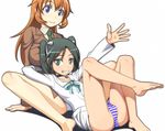  barefoot caryo charlotte_e_yeager feet francesca_lucchini long_legs looking_at_viewer multiple_girls nanashino no_pants panties strike_witches striped striped_panties toes underwear waving world_witches_series 