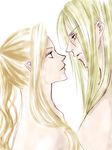  1girl :o blonde_hair blush cain_highwind couple eye_contact final_fantasy final_fantasy_iv from_side hetero long_hair looking_at_another parted_lips profile rosa_farrell simple_background tae_(artist) white_background 