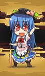  :d blue_hair chibi food fruit hinanawi_tenshi leaf long_hair lowres mamo_williams open_mouth peach red_eyes smile solo sword sword_of_hisou thumbs_up touhou weapon 