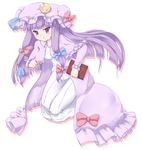  book capelet coo crescent dress hair_ribbon hat hime_cut kneeling long_hair open_clothes patchouli_knowledge purple_eyes purple_hair ribbon simple_background solo striped striped_legwear touhou tress_ribbon very_long_hair white_background white_dress 