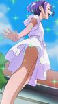  armpit_peek closed_eyes dokidoki!_precure dress earrings from_below haruyama_kazunori jewelry kenzaki_makoto open_mouth panties precure profile purple_hair short_hair solo underwear up_sleeve upskirt white_panties 