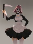  1girl aconitea apron black_dress bow bowtie breasts dress face_mask facing_viewer frilled_apron frills garter_straps grey_background hand_on_hip highres holding holding_weapon long_sleeves maid_headdress mask medium_breasts pleated_dress pointing purple_hair scythe short_hair simple_background solo standing tenkuu_shinpan thighhighs tsundere waist_apron weapon white_apron white_headdress white_legwear 