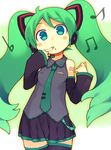  bachera beamed_eighth_notes blush cowboy_shot detached_sleeves eighth_note finger_to_face flat_sign green_eyes green_hair hatsune_miku headset long_hair looking_at_viewer musical_note nail_polish necktie skirt sleeves_past_wrists solo tattoo thighhighs twintails very_long_hair vocaloid zettai_ryouiki 