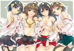  &gt;:( :o bare_shoulders black_hair black_legwear blue_eyes blush breasts brown_eyes detached_sleeves frilled_skirt frills frown glasses hairband haruna_(kantai_collection) hiei_(kantai_collection) japanese_clothes kantai_collection kirishima_(kantai_collection) kongou_(kantai_collection) long_hair looking_at_viewer medium_breasts multiple_girls navel open_clothes open_mouth pantyhose plaid plaid_skirt red_eyes ribbon-trimmed_sleeves ribbon_trim sarashi skirt torn_clothes torn_legwear torn_skirt v-shaped_eyebrows yu_yu 