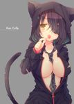  alternate_costume animal_ears animal_hood between_breasts breasts candy cat_ears cat_hood cat_tail checkered checkered_neckwear copyright_name eating eyepatch food hood jacket kantai_collection large_breasts lollipop loose_necktie necktie necktie_between_breasts no_bra open_clothes open_jacket oppaimilk purple_hair short_hair solo tail tenryuu_(kantai_collection) torn_clothes unzipped yellow_eyes 
