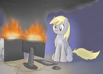  blonde_hair computer cutie_mark derpy_hooves_(mlp) equine female feral fire flames friendship_is_magic fur grey_fur hair horse keyboard keyboard_(computer) long_hair mammal monitor my_little_pony pegasus pony sitting smile smoke solo sunset-haste wings yellow_eyes 