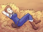  arms_behind_head blonde_hair blush boots braid cowboy_hat cowgirl_(pokemon) crossed_legs hat hay lying monorus overalls pokemon pokemon_(game) pokemon_dppt sleeping solo twin_braids 