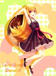  aisusuki bad_id bad_pixiv_id blonde_hair doughnut dress food long_hair long_legs monogatari_(series) oshino_shinobu otorimonogatari oversized_food oversized_object solo yellow_eyes 