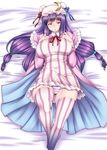  blush breasts bulge covered_nipples crescent dress erection erection_under_clothes futanari hat highres large_breasts long_hair panties patchouli_knowledge penis purple_eyes purple_hair red-rum ribbon solo striped striped_legwear striped_panties thighhighs touhou underwear vertical-striped_legwear vertical_stripes very_long_hair white_legwear 