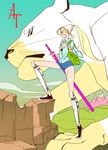  adventure_time animal backpack bag bandana blonde_hair blue_eyes breasts cake_(adventure_time) cleavage fionna_the_human_girl genderswap greaves hands_on_hilt knee_pads kyu-bum_lee long_hair open_clothes open_shirt ponytail rock scabbard sheath shirt shoes shorts signature sneakers sword unsheathing weapon 