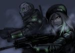  armor assault_rifle balaclava beret black_eyes constricted_pupils fog glowing glowing_eyes gun hat headset hetza_(hellshock) light_machine_gun long_hair mask rifle weapon 