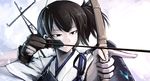  aiming archery arrow bow_(weapon) brown_eyes brown_hair drawing_bow gloves hetza_(hellshock) holding holding_arrow holding_bow_(weapon) holding_weapon japanese_clothes kaga_(kantai_collection) kantai_collection kyuudou muneate outstretched_arm partly_fingerless_gloves ponytail short_hair side_ponytail single_glove solo weapon yugake 