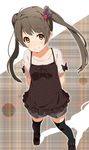  3: alternate_hairstyle arms_behind_back black_legwear brown_dress camisole camisole_over_clothes dress grey_hair hair_ornament long_hair love_live! love_live!_school_idol_project minami_kotori ogipote plaid plaid_background shirt short_sleeves skirt smile solo t-shirt thighhighs twintails yellow_eyes zettai_ryouiki 