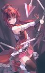  boots bow chain detached_sleeves hair_bow huanxiang_huifeng leg_up long_hair magical_girl mahou_shoujo_madoka_magica open_mouth polearm ponytail red_eyes red_hair sakura_kyouko skirt solo spear thighhighs weapon 