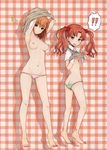  2girls absurdres armpits arms_up ass ass_visible_through_thighs bare_legs barefoot bow breasts brown_eyes brown_hair butt_crack checkered checkered_background drooling full_body groin hair_bow heart heart-shaped_pupils highres kamimiya long_hair looking_back medium_breasts misaka_mikoto multiple_girls musical_note navel nipples no_bra panties pink_panties scan school_uniform shirai_kuroko sideboob small_breasts smile standing striped striped_panties symbol-shaped_pupils to_aru_kagaku_no_railgun to_aru_majutsu_no_index twintails underwear undressing vest 