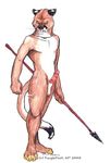  balls cougar erection feline fur male mammal penis plain_background polearm scar solo spear standing tan_fur tanglefoot weapon whiskers white_fur yellow_eyes 