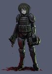  armor black_hair blood blood_stain gun helmet hetza_(hellshock) load_bearing_vest short_hair simple_background solo weapon 