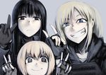  &gt;:) \m/ black_eyes black_hair blonde_hair blue_eyes double_v expressionless grey_eyes grin hetza_(hellshock) hood hoodie kevlar_vest long_hair multiple_girls original otsukai_(hetza) short_hair simple_background smile suzumi_(hetza) v v-shaped_eyebrows 