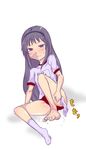  akemi_homura bad_anatomy bangs bare_legs barefoot black_hair black_hairband blush body_blush bodysuit breasts buruma commentary_request full_body gedou_danshaku gym_shirt gym_uniform hairband half-closed_eyes holding_sock long_hair looking_at_viewer mahou_shoujo_madoka_magica name_tag purple_eyes red_buruma shirt short_sleeves single_sock small_breasts socks solo sweat sweating_profusely toe_scrunch very_long_hair white_legwear 