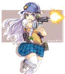  badge bandaid baseball_cap blue_eyes bow braid casing_ejection english firing gloves gun hair_bow handgun hat headset highres lavender_hair long_hair m1911 muzzle_flash nyan_(themare) open_mouth original pistol plaid plaid_skirt racking_slide school_uniform shell_casing shoes single_braid single_glove skirt sneakers solo thighhighs weapon white_legwear zettai_ryouiki 