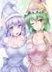  blush breast_press breasts cleavage collarbone green_hair kazami_yuuka kazami_yuuka_(pc-98) large_breasts letty_whiterock multiple_girls one_eye_closed pajamas purple_eyes purple_hair red_eyes short_hair smile touhou y2 