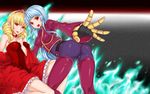  ass bad_id bad_pixiv_id bare_shoulders belt blonde_hair blue_hair chaps choker cropped_jacket crown dress drill_hair gloves highres kula_diamond long_hair multiple_girls red_eyes rose_bernstein shennai_misha the_king_of_fighters twin_drills twintails 