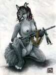  abstract_background breasts canine chest_tuft claws corsac_fox crouching ear_piercing female fox fur grey_fur gun hair heavy_machine_gun kirsch m249 machine_gun mammal navel negev nipples nude piercing pussy ranged_weapon red_eyes red_hair solo toe_claws tsume tsume_zyzco tuft weapon wolf 