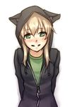  animal_ears arms_behind_back blonde_hair blush cat_ears colorized embarrassed flat_chest green_eyes grin hood hoodie long_hair maka_albarn monorus shirt smile solo soul_eater t-shirt twintails 