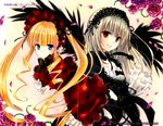  blonde_hair blue_eye blue_eyes child cover cup dress drill_hair feather feathers flower gothic_lolita hairband highres hina_ichigo lolita_fashion long_hair long_sleeves maid_headdress multiple_girls official_art open_mouth petals red_eyes rose rozen_maiden scan shinku silver_hair suigintou twin_drills twintails white_legwear wings yabuki_kentarou 