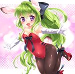  :d animal_ears ankle_bow ankle_ribbon bad_id bad_pixiv_id black_legwear bow bunny_ears bunny_girl bunny_tail bunnysuit elbow_gloves gloves green_hair halftone halftone_background high_heels long_hair mutou_mato open_mouth original outstretched_arms pantyhose pink_background ponytail purple_eyes ribbon smile solo spread_arms tail very_long_hair 
