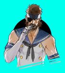  beard big_boss blue_eyes brown_hair cosplay crossdressing eyepatch facial_hair headband ikuyoan kantai_collection male_focus metal_gear_(series) metal_gear_solid parody shimakaze_(kantai_collection) shimakaze_(kantai_collection)_(cosplay) solo 