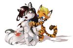  anthro black_fur black_markings blonde_hair blue_eyes breasts canine chibi cute duo eyewear feline female fun fur glasses grey_fur grope hair invalid_color invalid_tag leoian leoian_(character) magic male mammal markings necklace nude orange_fur playing red_eyes red_hair satsukii shinobiiri spots spreading stripes tiger white_fur wolf 