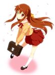  bag blush brown_hair hair_ribbon long_hair long_sleeves looking_at_viewer mary_janes nagamori_mizuka one petals red_eyes ribbon school_bag school_briefcase school_uniform shoes skirt smile white_legwear yamasan 