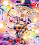 alternate_costume alternate_headwear at_classics blonde_hair candy candy_cane flandre_scarlet food garter_straps halloween hat looking_at_viewer marker_(medium) red_eyes sample short_hair side_ponytail solo striped striped_legwear thighhighs touhou traditional_media underwear underwear_only wings witch_hat 