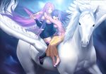  bellerophon breasts cleavage dress facial_mark fate/stay_night fate_(series) forehead_mark hair_ribbon long_hair matou_sakura medium_breasts multiple_girls pegasus purple_hair ribbon rider thighhighs tsukikanade very_long_hair 