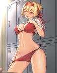  ahoge blonde_hair breasts cleavage clyde_s commentary_request cowboy_shot cropped_jacket eyebrows_visible_through_hair fate/extra fate_(series) green_eyes gym_uniform hair_between_eyes hair_intakes highres large_breasts locker locker_room navel nero_claudius_(fate) nero_claudius_(fate)_(all) olympian_bloomers one_eye_closed panties panty_pull red_headband sports_bra tongue tongue_out underwear 