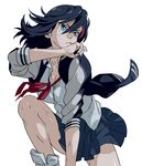  9aki black_hair blue_eyes breasts cleavage injury jacket kill_la_kill large_breasts letterman_jacket matoi_ryuuko ribbon simple_background skirt solo white_background wiping_face 