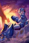  android arm_cannon dust forehead_jewel green_eyes helmet hover_bike kuroi-tsuki land_chaser md5_mismatch multiple_boys rockman rockman_x solo_focus sunset weapon x_(rockman) zero_(rockman) 