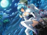  1girl blue_hair blush chouun game_cg katagiri_hinata koihime_musou nipples pov red_eyes sandals thighhighs white_legwear 