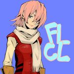  arms_at_sides bad_id bad_pixiv_id blue_background brown_gloves copyright_name ezo777 flcl gloves hair_over_one_eye haruhara_haruko looking_at_viewer pink_hair red_shirt scarf shirt short_hair simple_background solo standing white_scarf yellow_eyes 