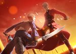  archer battle broken broken_weapon denim duel emiya_shirou fate/stay_night fate_(series) field_of_blades highres jeans kanshou_&amp;_bakuya multiple_boys pants planted_sword planted_weapon raglan_sleeves red_hair shoes sneakers sword unlimited_blade_works weapon white_hair xiaoxie 