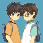  2boys ao_no_exorcist bag blush child glasses group_portrait male male_focus multiple_boys nuriko-kun okumura_rin okumura_yukio plaster portrait school_bag shirt short_hair simple_background t-shirt 